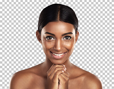 Buy stock photo Portrait, natural beauty and skincare of happy woman isolated on transparent png background. Indian person, face cosmetics and smile in spa facial treatment for dermatology, wellness or healthy glow