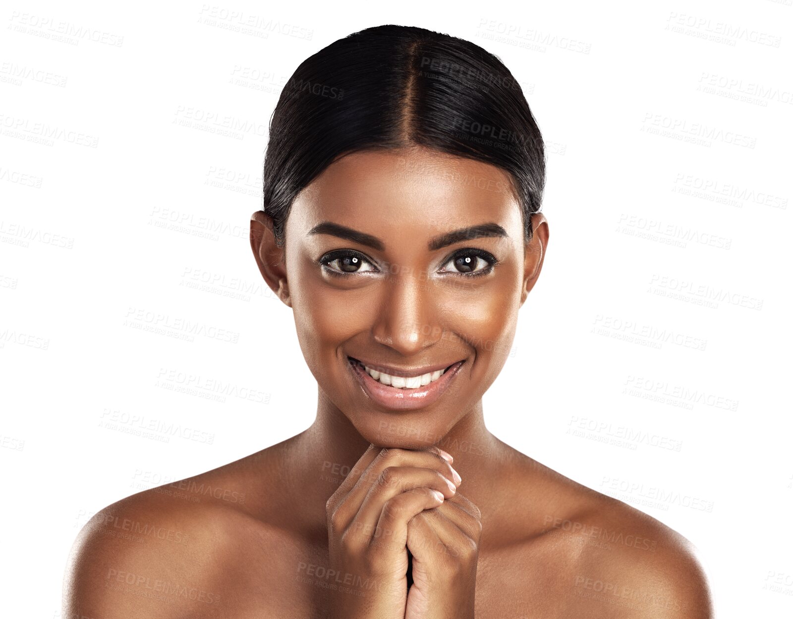 Buy stock photo Portrait, natural beauty and skincare of happy woman isolated on transparent png background. Indian person, face cosmetics and smile in spa facial treatment for dermatology, wellness or healthy glow