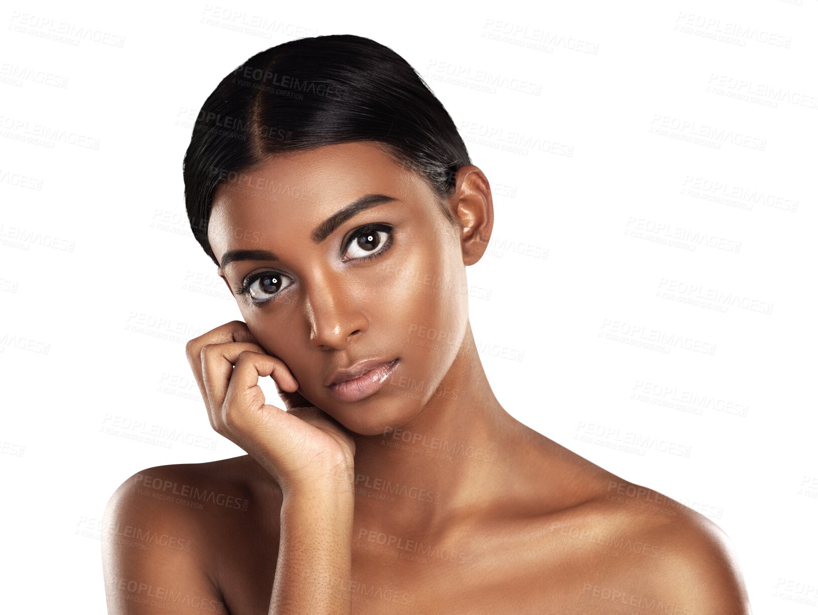 Buy stock photo Portrait, beauty touch and skincare of woman isolated on a transparent png background. Face of serious Indian person, natural cosmetics and spa facial treatment for dermatology, wellness or soft skin