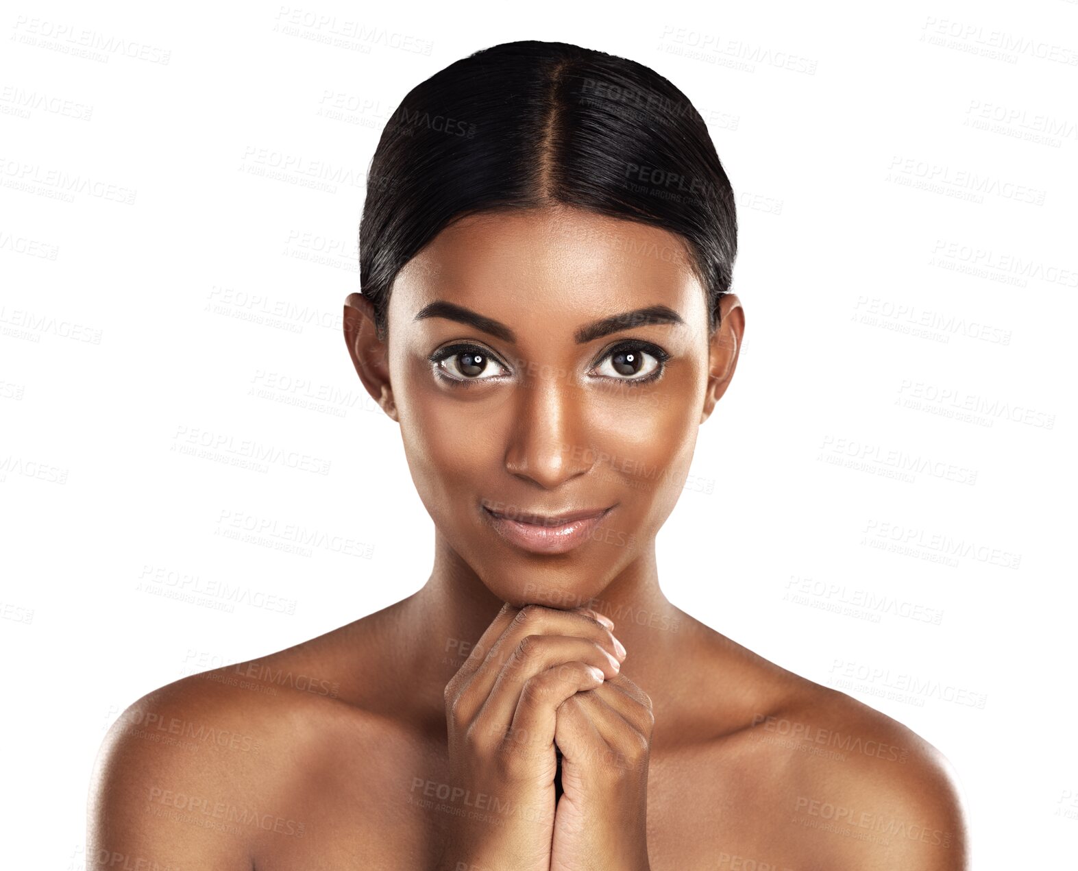 Buy stock photo Portrait, natural beauty and skincare of woman isolated on a transparent png background. Indian person, face cosmetics and spa facial therapy for dermatology, wellness and healthy glow treatment.