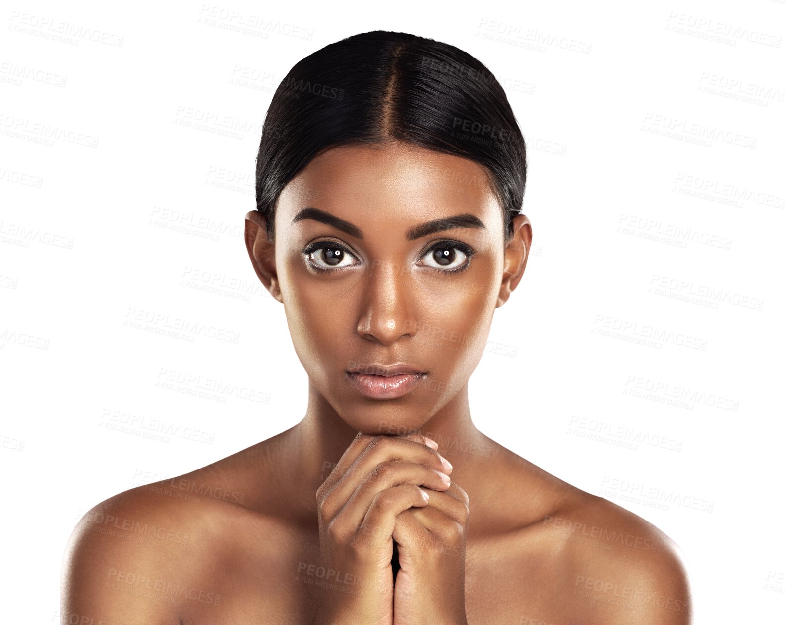 Buy stock photo Portrait, makeup and serious woman with beauty isolated on a transparent png background. Indian person, face cosmetics and spa facial treatment for dermatology, wellness and healthy glow or skincare