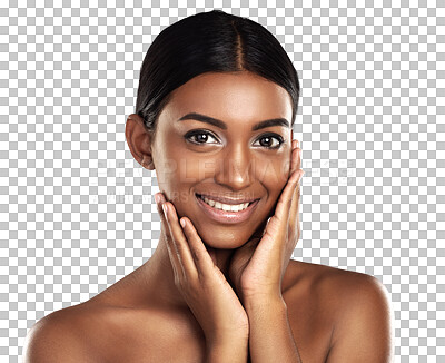 Buy stock photo Portrait, makeup and hands of happy woman with beauty isolated on a transparent png background. Indian person touch face, skincare cosmetics or spa facial treatment for dermatology, wellness or soft