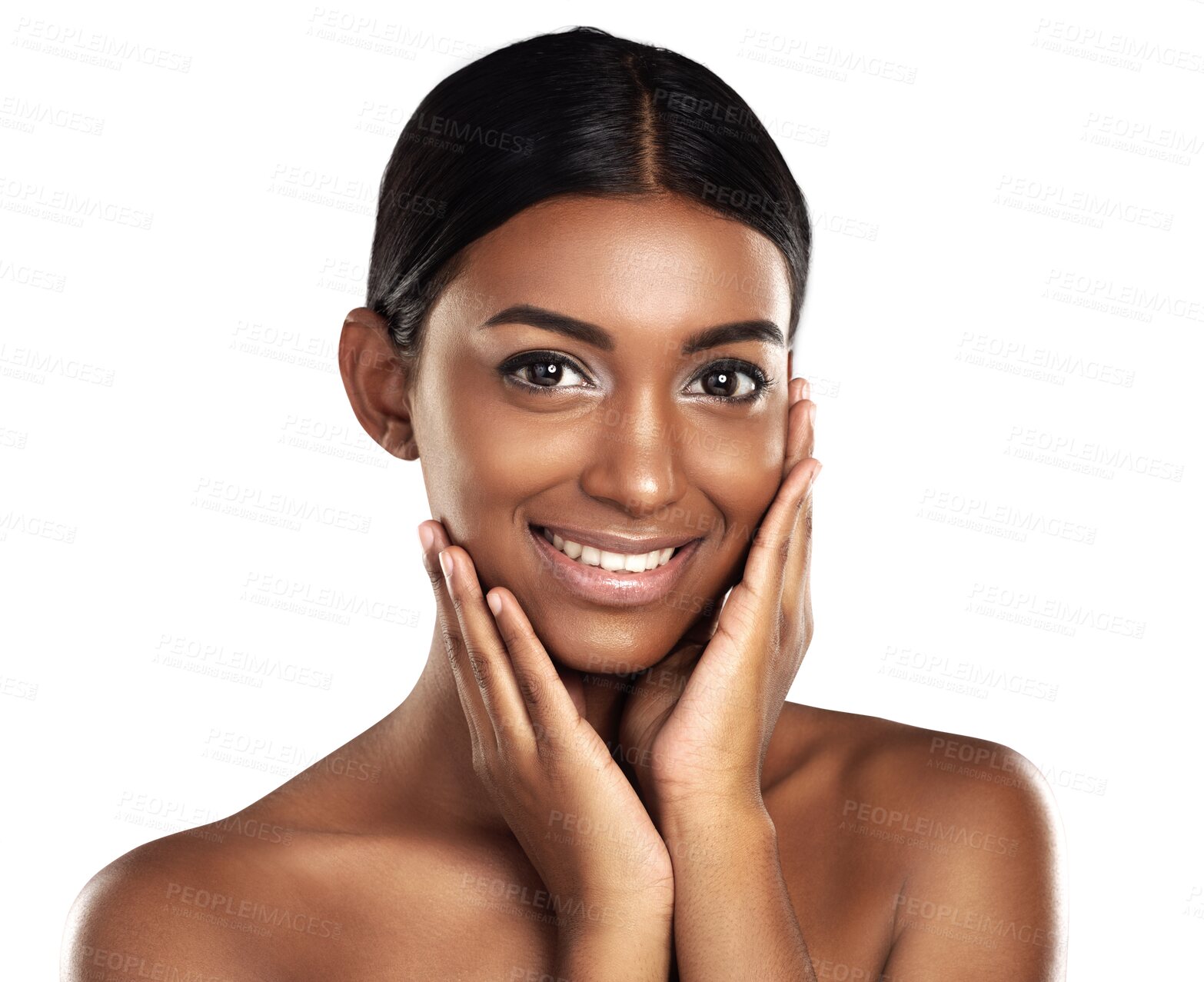 Buy stock photo Portrait, makeup and hands of happy woman with beauty isolated on a transparent png background. Indian person touch face, skincare cosmetics or spa facial treatment for dermatology, wellness or soft