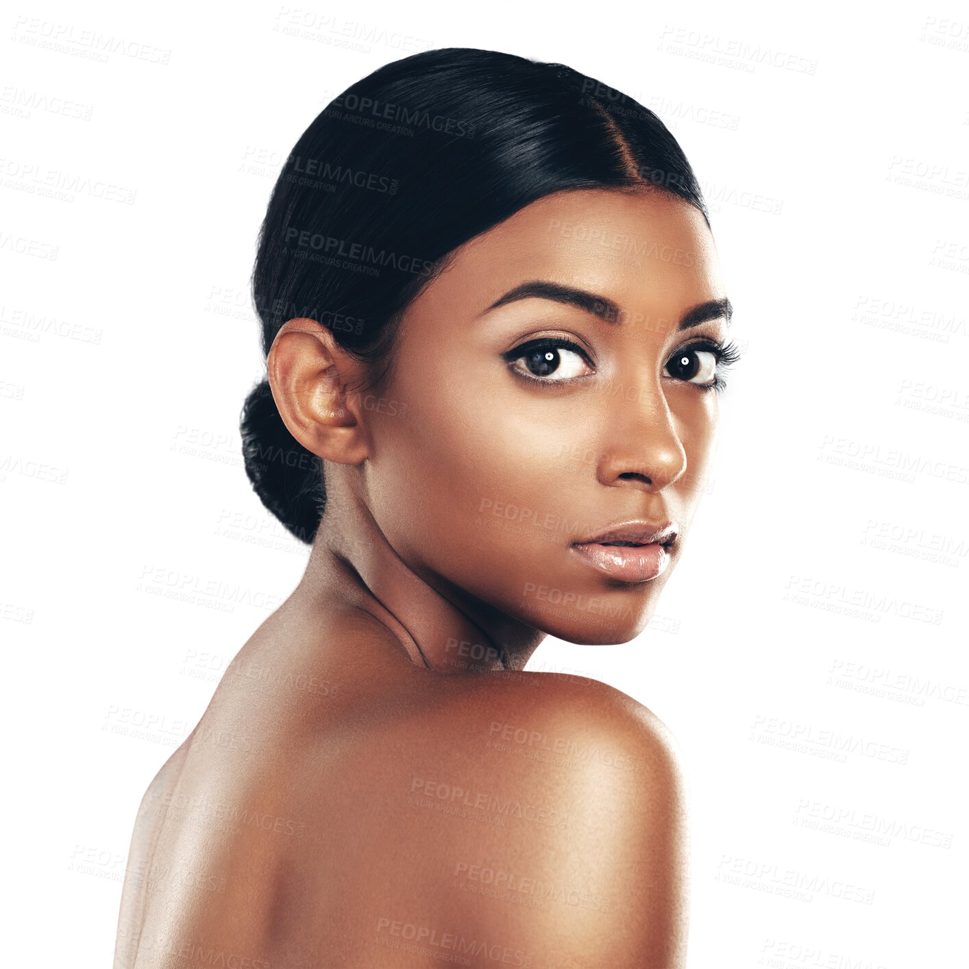 Buy stock photo Portrait, skincare and woman with natural beauty isolated on a transparent png background. Face, serious Indian person and cosmetics, spa facial and dermatology, wellness and healthy glow of body