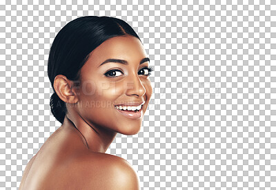 Buy stock photo Beauty, portrait and happy Indian woman with makeup on isolated, transparent or png background. Face, smile and lady model with glowing skin, shine and cosmetics, self care or wellness routine