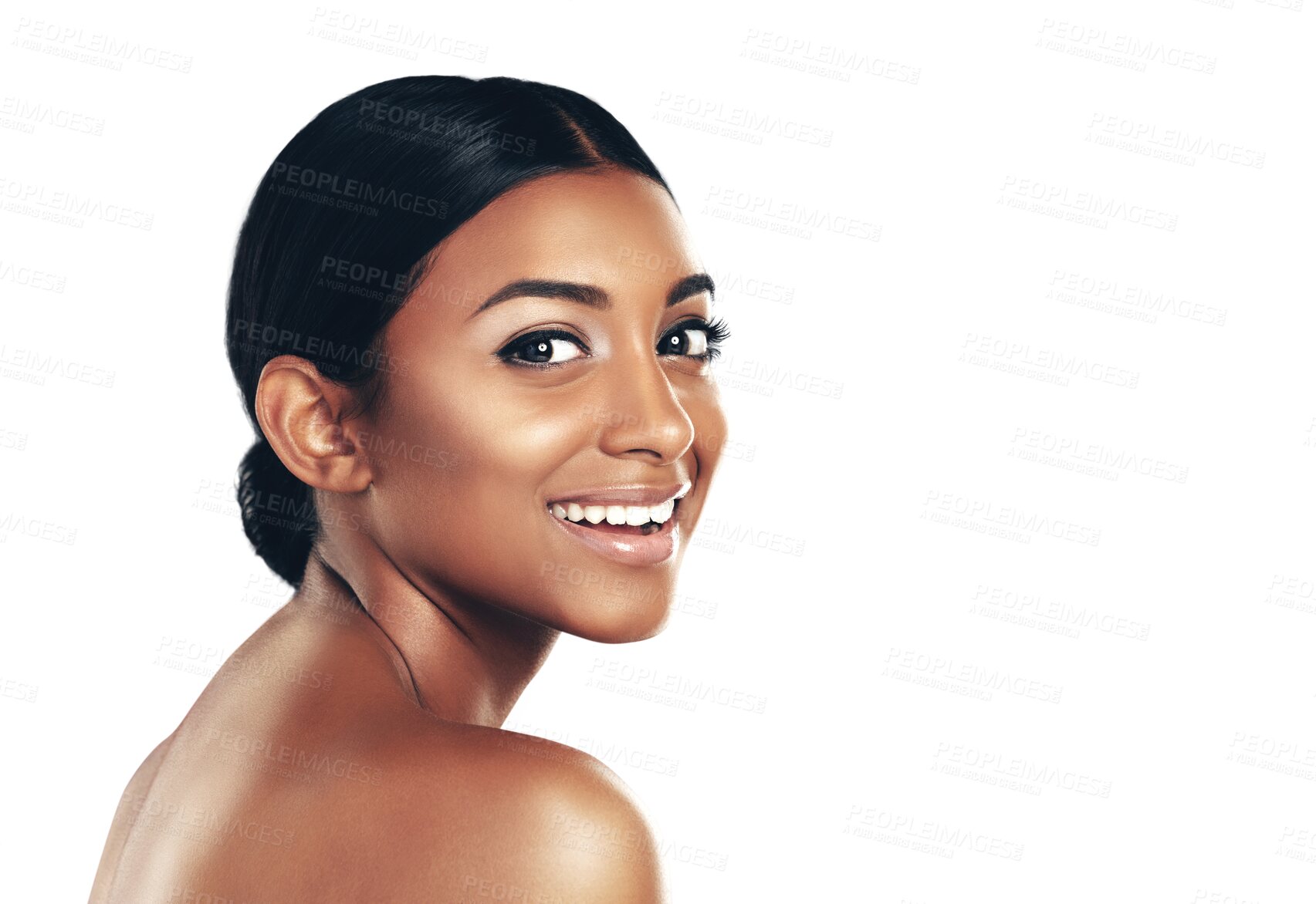 Buy stock photo Beauty, portrait and happy Indian woman with makeup on isolated, transparent or png background. Face, smile and lady model with glowing skin, shine and cosmetics, self care or wellness routine