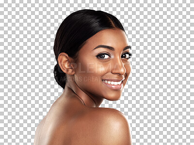 Buy stock photo Portrait, skincare and happy woman with natural beauty isolated on a transparent png background. Face, Indian person and shoulder cosmetics, spa facial treatment and dermatology, wellness and health