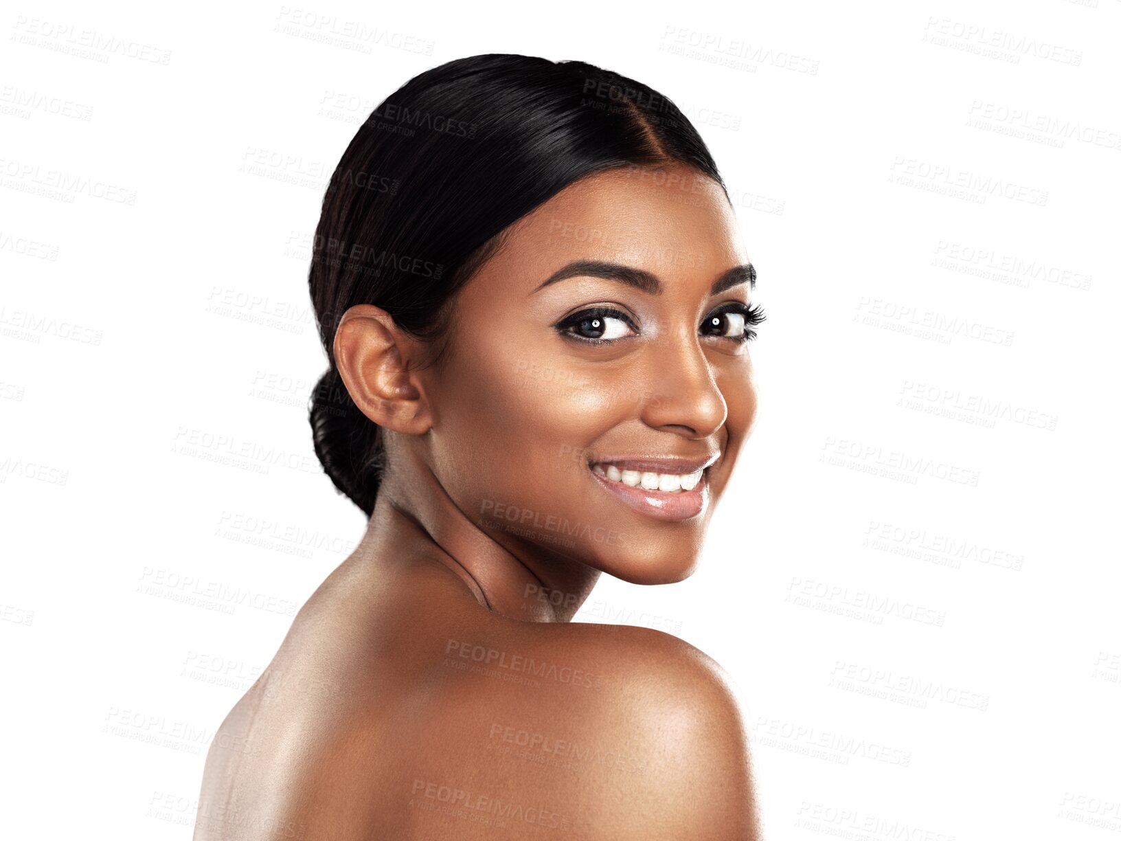 Buy stock photo Portrait, skincare and happy woman with natural beauty isolated on a transparent png background. Face, Indian person and shoulder cosmetics, spa facial treatment and dermatology, wellness and health