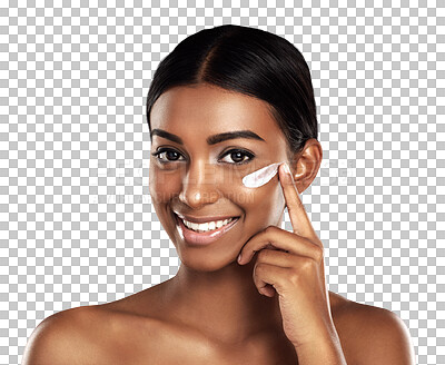 Buy stock photo Isolated woman, skincare cream and beauty in portrait, happy or product on face by transparent png background. Girl, model and results for cosmetics, moisturizer and excited smile for facial change