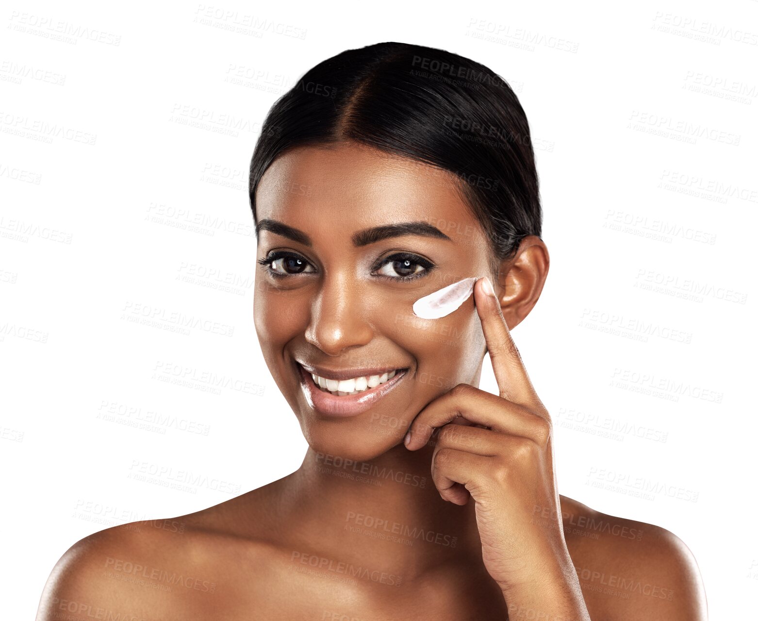 Buy stock photo Isolated woman, skincare cream and beauty in portrait, happy or product on face by transparent png background. Girl, model and results for cosmetics, moisturizer and excited smile for facial change