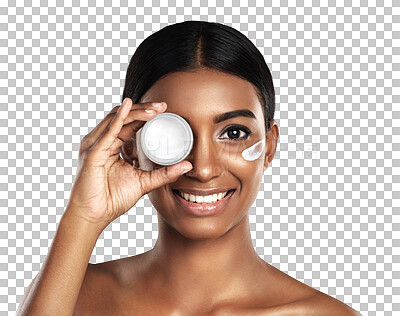 Buy stock photo Isolated woman, cream and face with jar by eye, portrait or happy for product by transparent png background. Girl, model and container for cosmetics, moisturizer or skincare for facial transformation