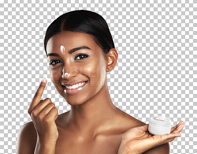 Buy stock photo Isolated woman, cream and smile with jar for nose, portrait and product by transparent png background. Girl, model and container for cosmetics, moisturizer and skincare with facial transformation