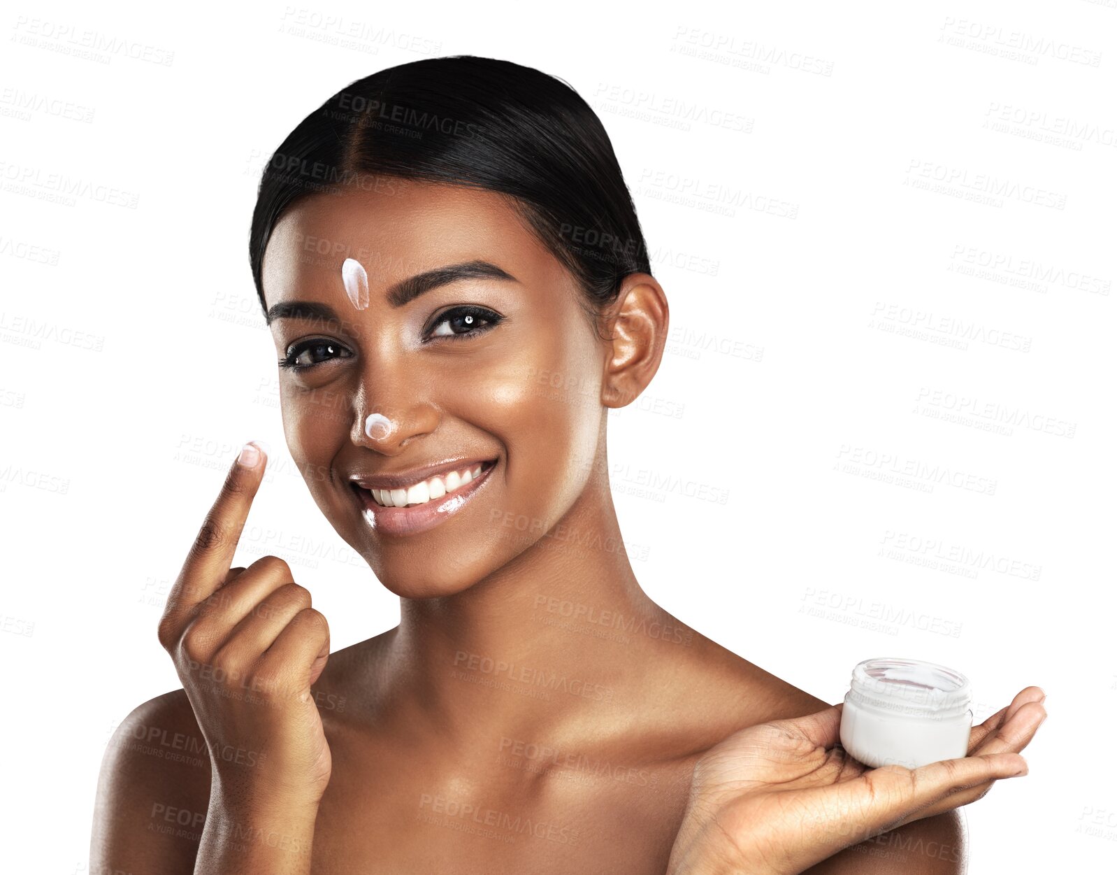 Buy stock photo Isolated woman, cream and smile with jar for nose, portrait and product by transparent png background. Girl, model and container for cosmetics, moisturizer and skincare with facial transformation