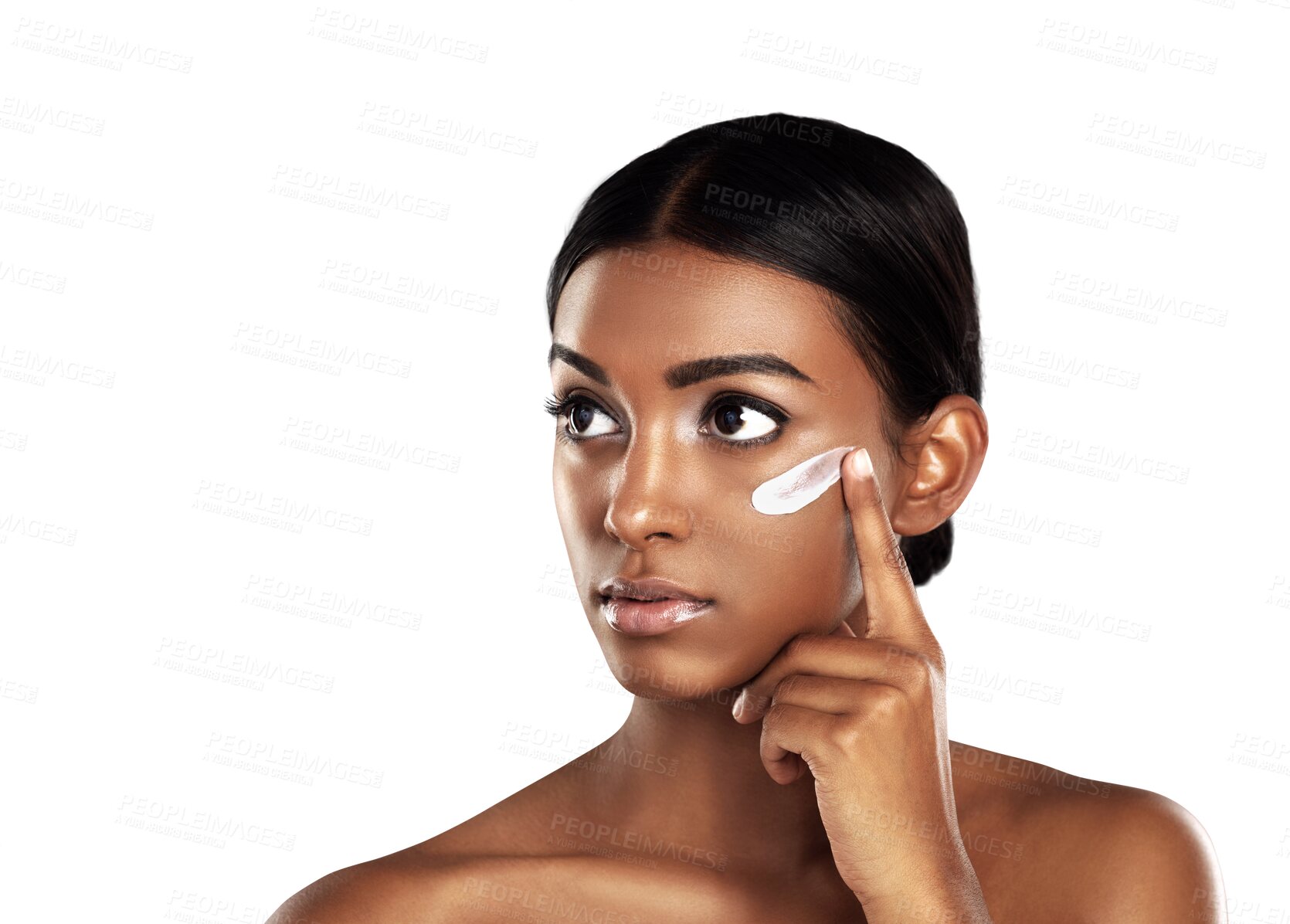 Buy stock photo Isolated woman, skincare cream and health with thinking, vision and natural product by transparent png background. Girl, model and skin glow with cosmetics, moisturizer and facial transformation