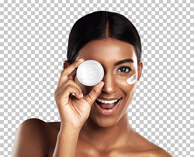 Buy stock photo Isolated woman, skincare cream and jar by eye, portrait and happy for product by transparent png background. Girl, model and container for cosmetics, moisturizer and excited smile for facial change