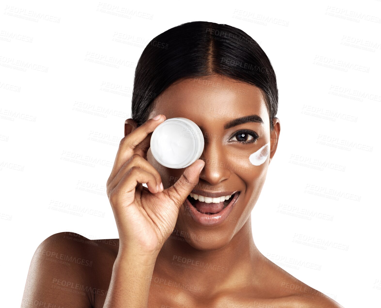 Buy stock photo Isolated woman, skincare cream and jar by eye, portrait and happy for product by transparent png background. Girl, model and container for cosmetics, moisturizer and excited smile for facial change