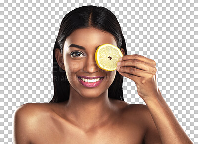 Buy stock photo Beauty, skincare and portrait of woman with lemon on isolated, png and transparent background. Dermatology, natural face and person with fruit for healthy cosmetics, organic products and wellness