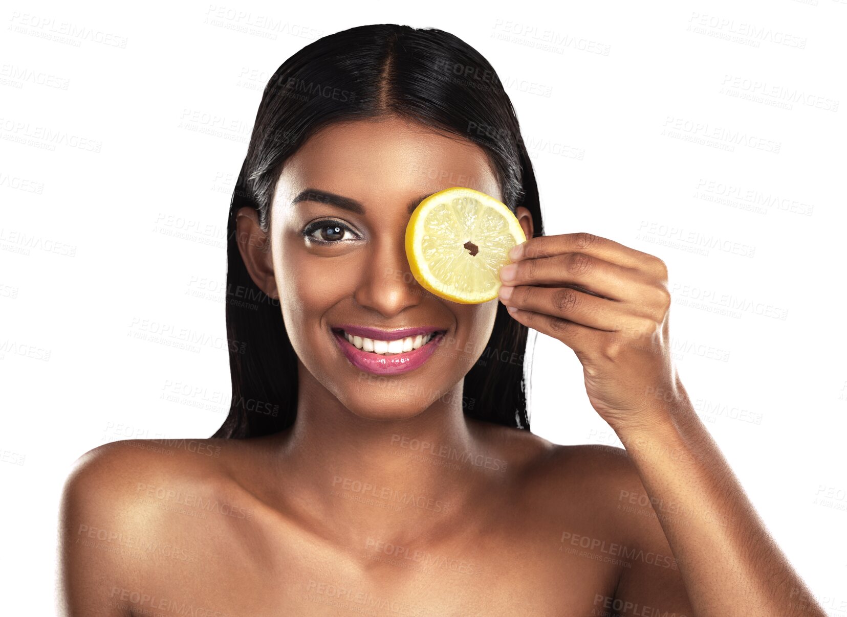 Buy stock photo Beauty, skincare and portrait of woman with lemon on isolated, png and transparent background. Dermatology, natural face and person with fruit for healthy cosmetics, organic products and wellness