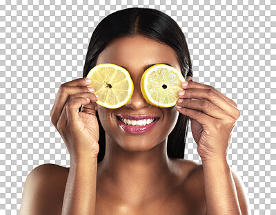 Buy stock photo Lemon on eyes, skincare and face of happy woman with fruit on isolated, png and transparent background. Dermatology, salon and natural person with slice for cosmetics, beauty products and wellness