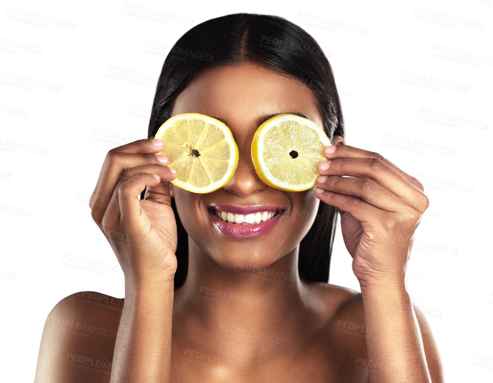 Buy stock photo Lemon on eyes, skincare and face of happy woman with fruit on isolated, png and transparent background. Dermatology, salon and natural person with slice for cosmetics, beauty products and wellness