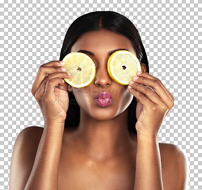 Buy stock photo Lemon on eyes, skincare and face of woman with fruit on isolated, png and transparent background. Dermatology, salon and natural person with slice for healthy cosmetics, beauty products and wellness