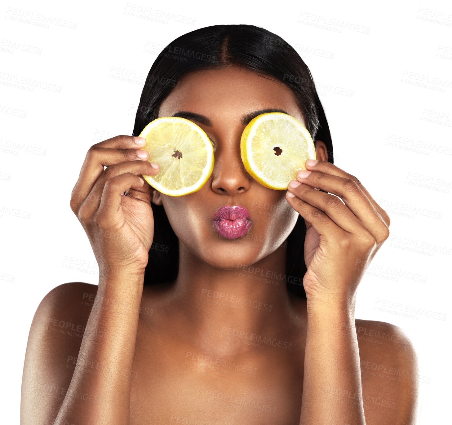 Buy stock photo Lemon on eyes, skincare and face of woman with fruit on isolated, png and transparent background. Dermatology, salon and natural person with slice for healthy cosmetics, beauty products and wellness