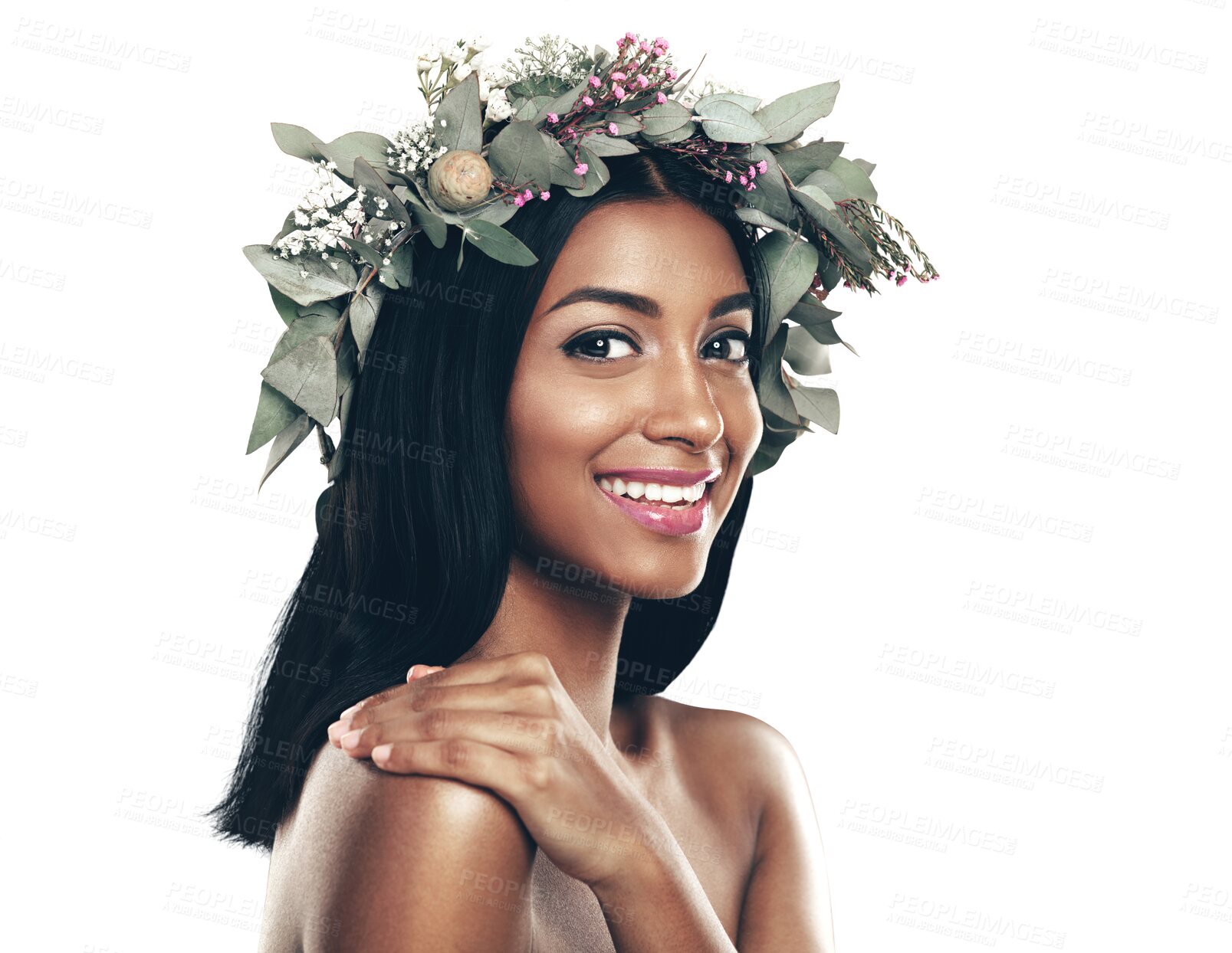 Buy stock photo Flower, crown and portrait of Indian woman with skincare, glow or aesthetic on isolated, transparent or png background. Leaf, plant and face of happy female model with natural, cosmetics or wrath 