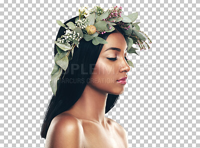 Buy stock photo Flower, crown and profile of indian woman with skincare, glow or aesthetic on isolated, transparent or png background. Leaf, plant and face of calm female model with natural, cosmetics and wellness 