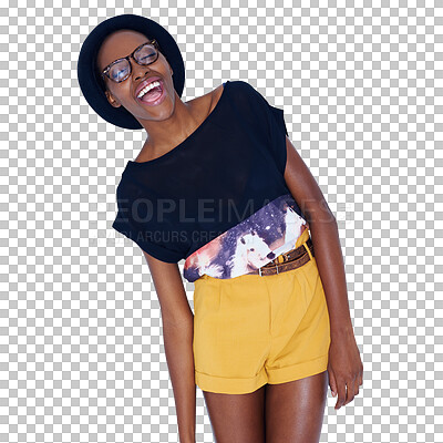 Buy stock photo Black woman, laughing and fashion for humor, funny joke or meme isolated on a transparent PNG background. Face of young African female person smile and laugh in stylish clothing or summer outfit