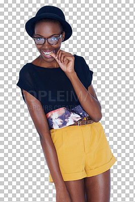 Buy stock photo Flirt, fashion and portrait of black woman with accessory on isolated, png and transparent background. Hipster, pose and person with hat, glasses and confident in trendy clothes, outfit and style