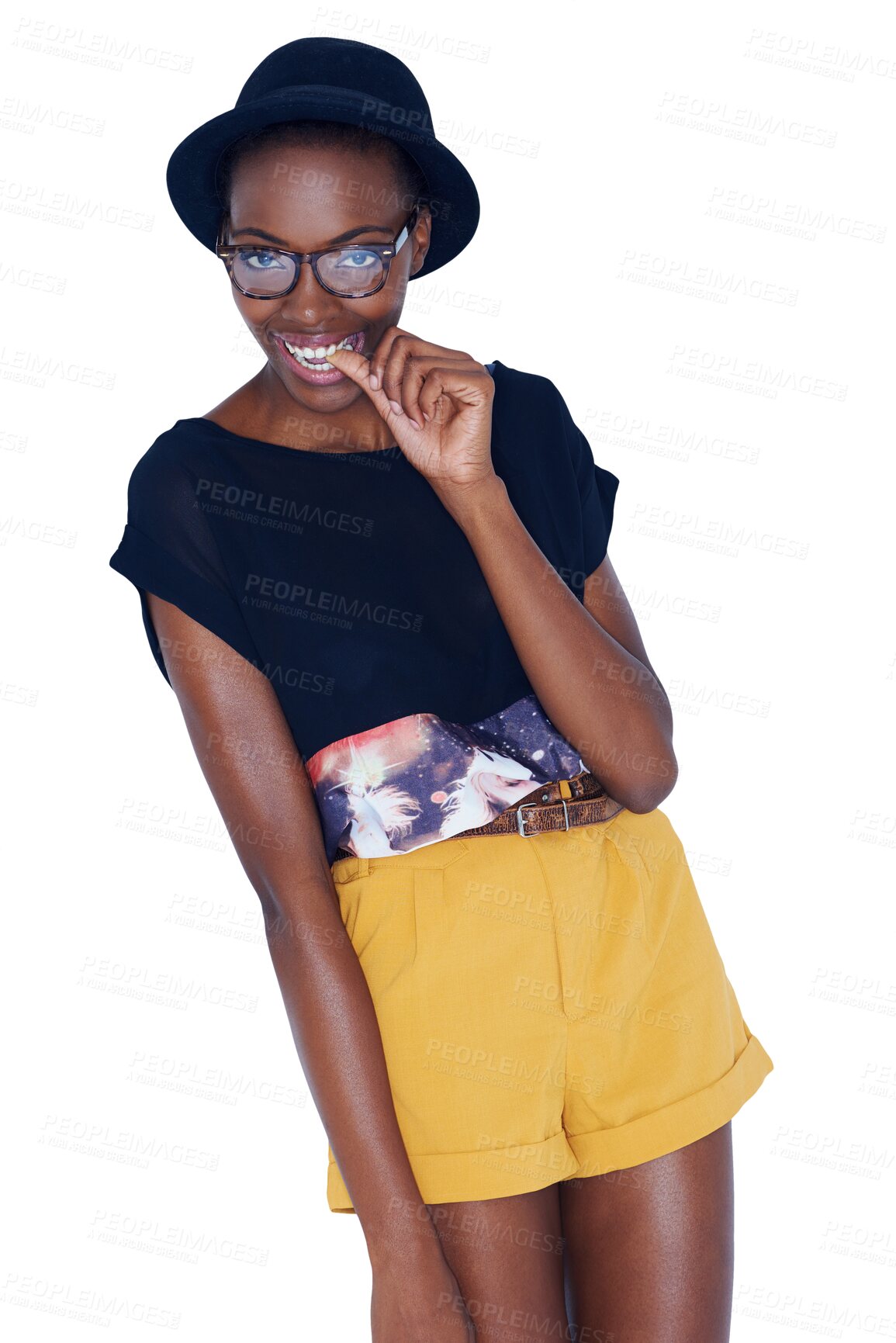 Buy stock photo Flirt, fashion and portrait of black woman with accessory on isolated, png and transparent background. Hipster, pose and person with hat, glasses and confident in trendy clothes, outfit and style