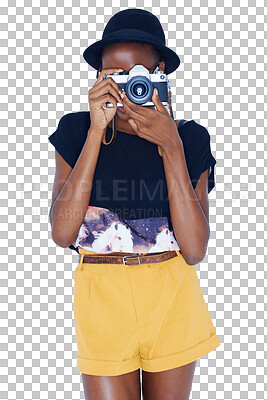 Buy stock photo Black woman, camera and photography for picture, memory or capture isolated on a transparent PNG background. African female person or photographer in fashion or stylish clothing ready for photograph