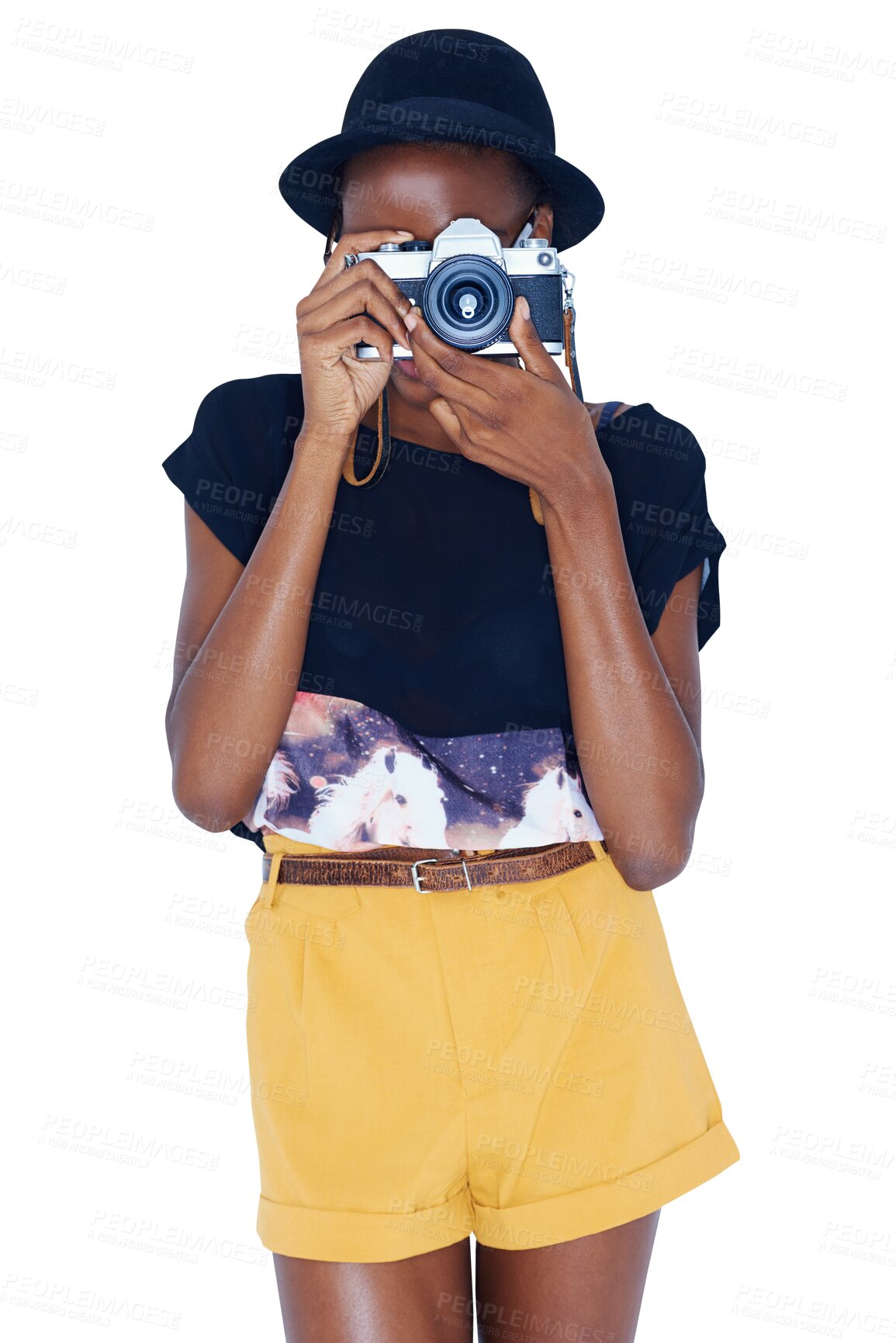 Buy stock photo Black woman, camera and photography for picture, memory or capture isolated on a transparent PNG background. African female person or photographer in fashion or stylish clothing ready for photograph