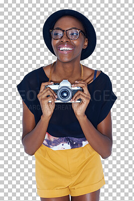 Buy stock photo Black woman, thinking and camera in fashion for photography isolated on a transparent PNG background. Face of young African female person or photographer in stylish clothing ready for photograph