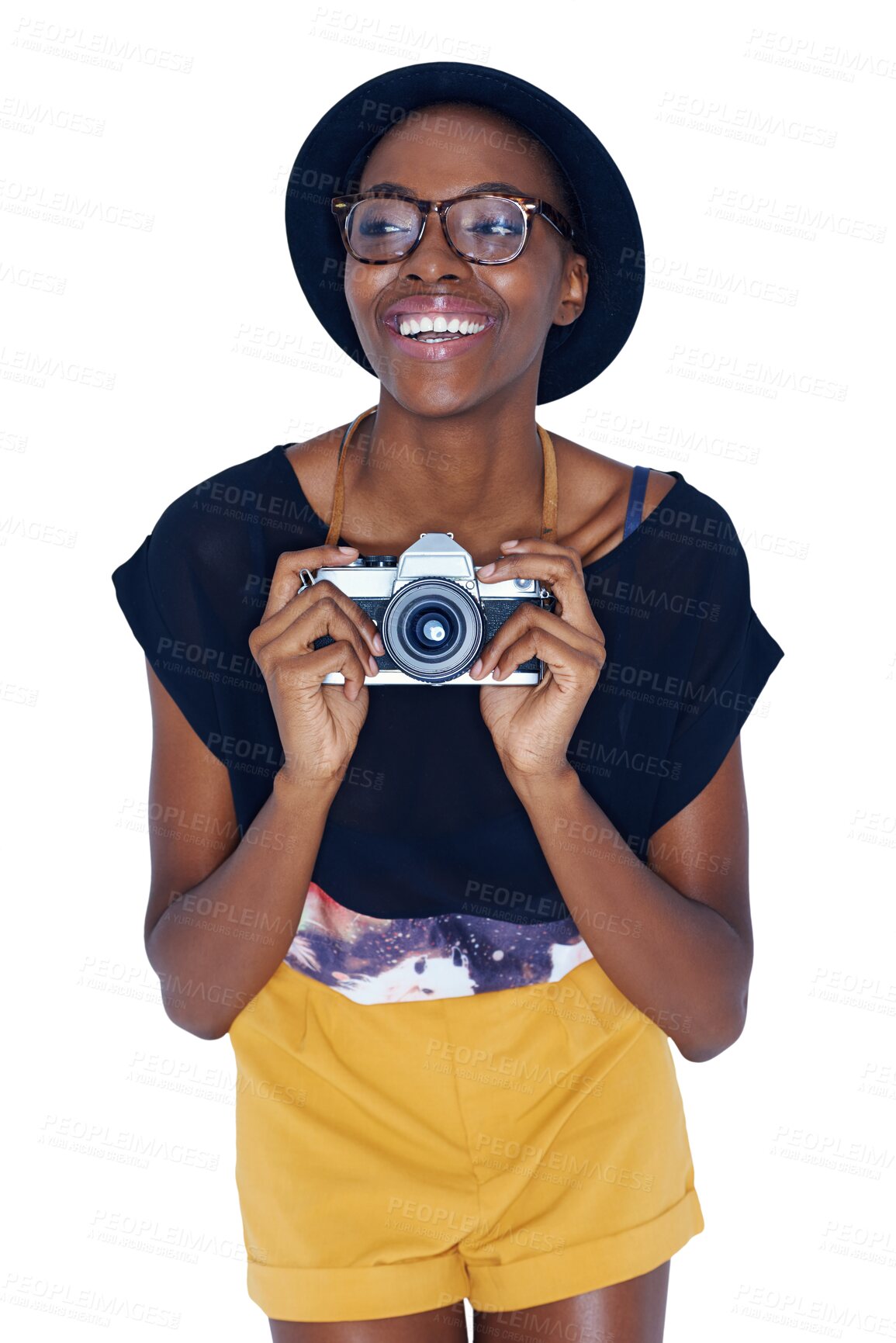 Buy stock photo Black woman, thinking and camera in fashion for photography isolated on a transparent PNG background. Face of young African female person or photographer in stylish clothing ready for photograph