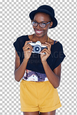 Buy stock photo Black woman, portrait and camera of photographer in fashion isolated on a transparent PNG background. Face of young African female person smile in photography or stylish clothing ready for photograph