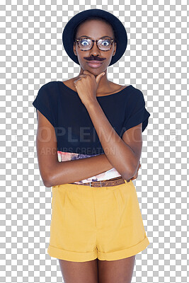 Buy stock photo Black woman, shocked and portrait with mustache isolated on a transparent PNG background. Face of young surprised African female person, gen z or model posing or stare with glasses and facial hair