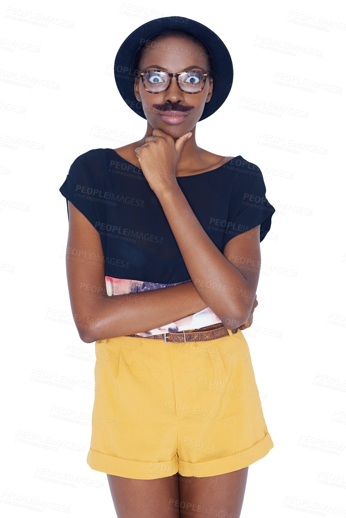 Buy stock photo Black woman, shocked and portrait with mustache isolated on a transparent PNG background. Face of young surprised African female person, gen z or model posing or stare with glasses and facial hair