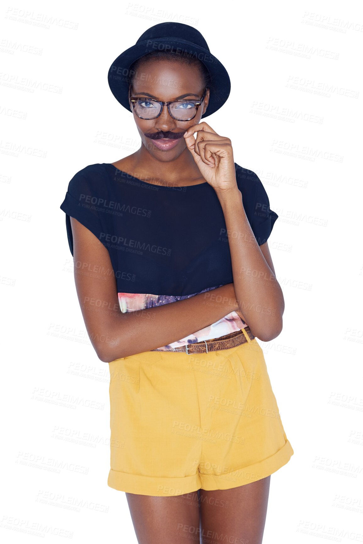 Buy stock photo Black woman, portrait and mustache standing isolated on a transparent PNG background. Face of young African female person, gen z or model posing with glasses, hat and facial hair in stylish fashion