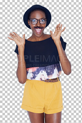 Buy stock photo Portrait, hipster and fashion with black woman, glasses and aesthetic isolated on a transparent background. African person, model and girl with eyewear, clear vision and funky with costumer and png