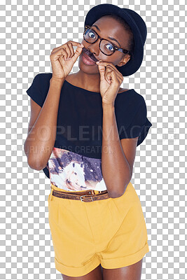 Buy stock photo Portrait, fashion and black woman with moustache, hipster and stylish outfit isolated on a transparent background. African person, model and girl with eyewear, png and glasses with freedom and casual