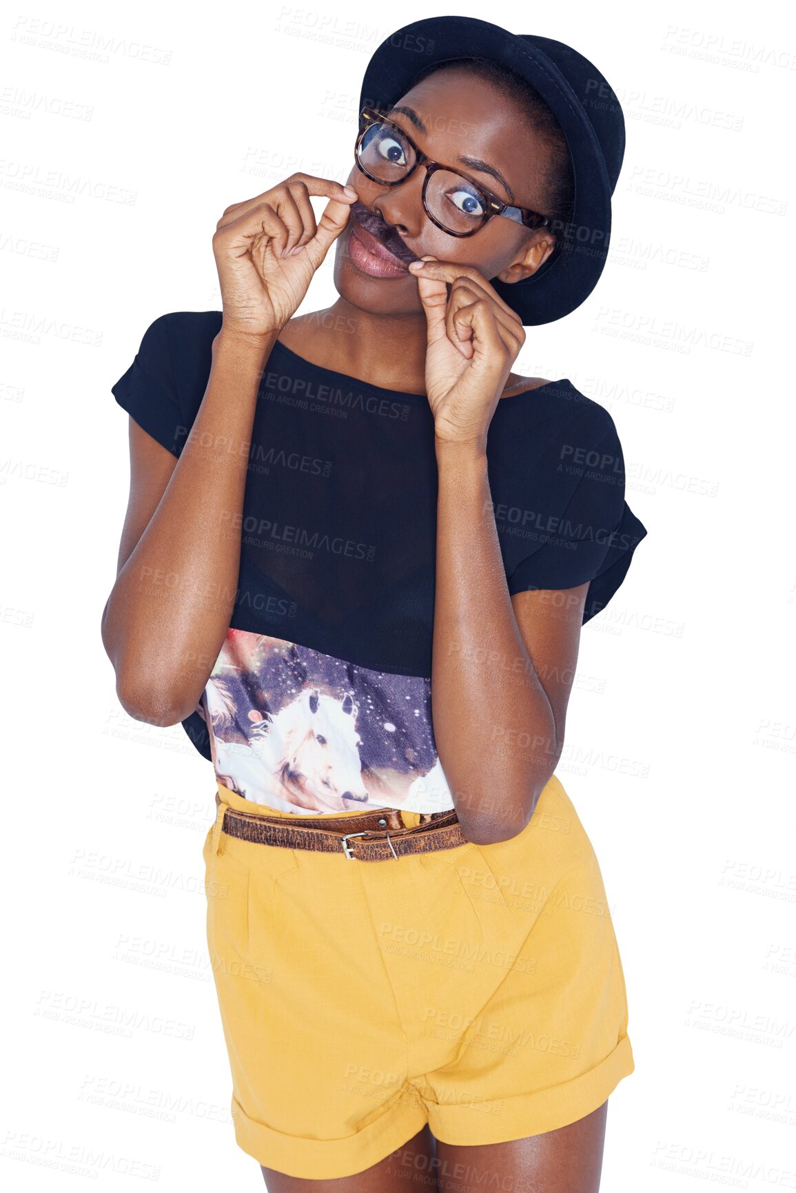 Buy stock photo Portrait, fashion and black woman with moustache, hipster and stylish outfit isolated on a transparent background. African person, model and girl with eyewear, png and glasses with freedom and casual