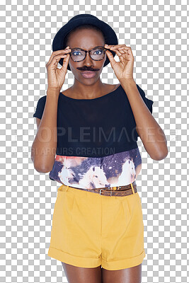 Buy stock photo Portrait, black woman in glasses and funny mustache for fashion isolated on a transparent png background. Fake, paper beard hair and young person with party props on lips, carnival mask or Photobooth