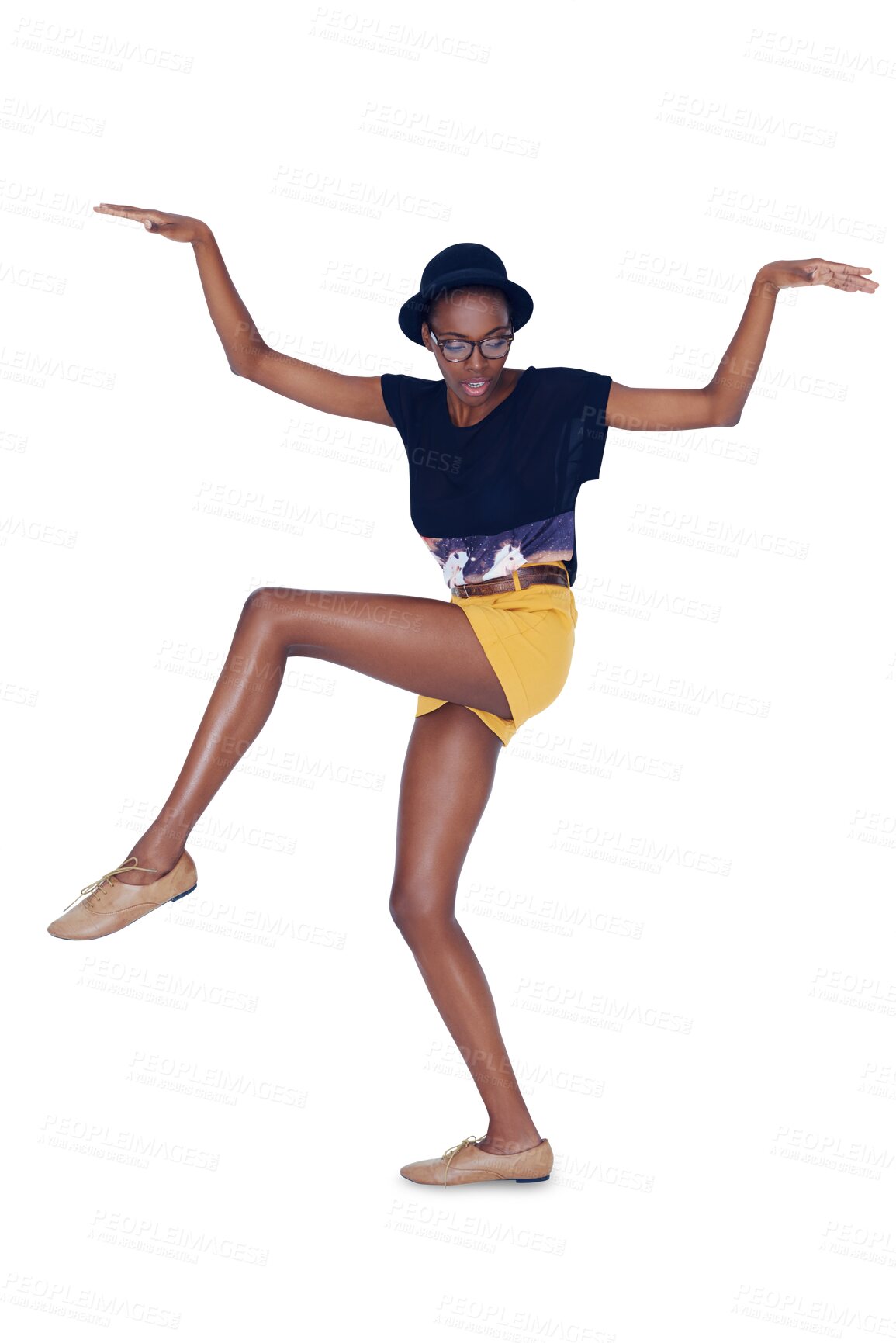 Buy stock photo Portrait, hipster and black woman with fashion, dancing and stylish outfit isolated on transparent background. African person, model and girl with glasses, silly fun and trendy with energy and png