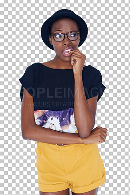 Buy stock photo Thinking, fashion and black woman with doubt on isolated, png and transparent background. Hipster, accessory and unsure person with hat, glasses and confident in trendy clothes, outfit and style