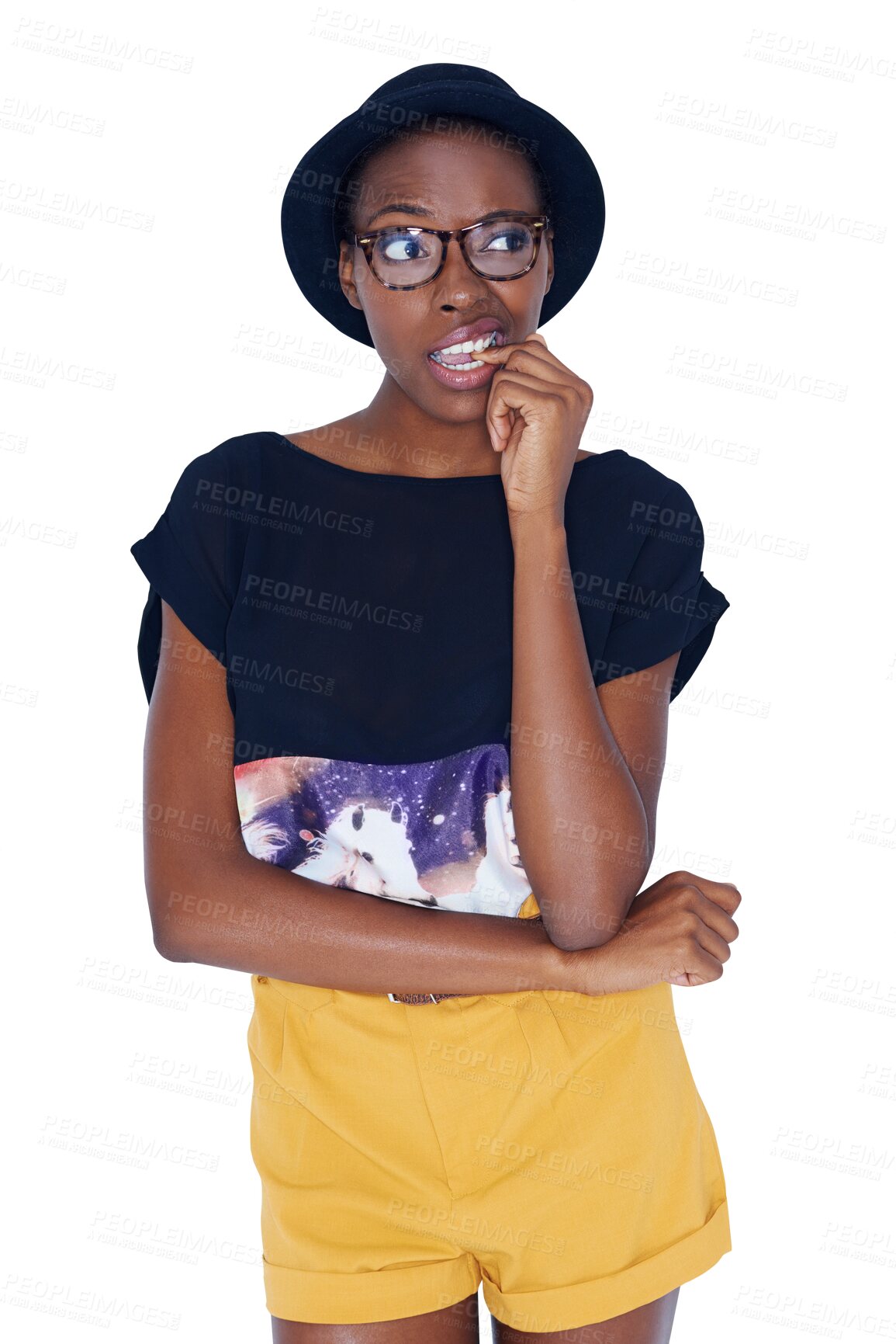 Buy stock photo Thinking, fashion and black woman with doubt on isolated, png and transparent background. Hipster, accessory and unsure person with hat, glasses and confident in trendy clothes, outfit and style