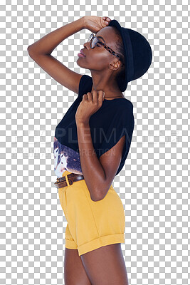 Buy stock photo Hipster, fashion and black woman with accessory pose on isolated, png and transparent background. Beauty, cosmetics and person with hat, glasses and confident in trendy clothes, outfit and style