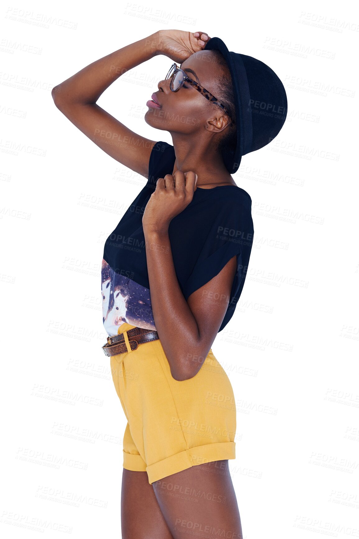 Buy stock photo Hipster, fashion and black woman with accessory pose on isolated, png and transparent background. Beauty, cosmetics and person with hat, glasses and confident in trendy clothes, outfit and style