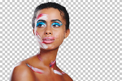 Buy stock photo Woman, pigment and multicolor for beauty on face for texture, creative or artwork. Female model, looking and bright makeup with design on isolated or transparent png background for fantasy glamour