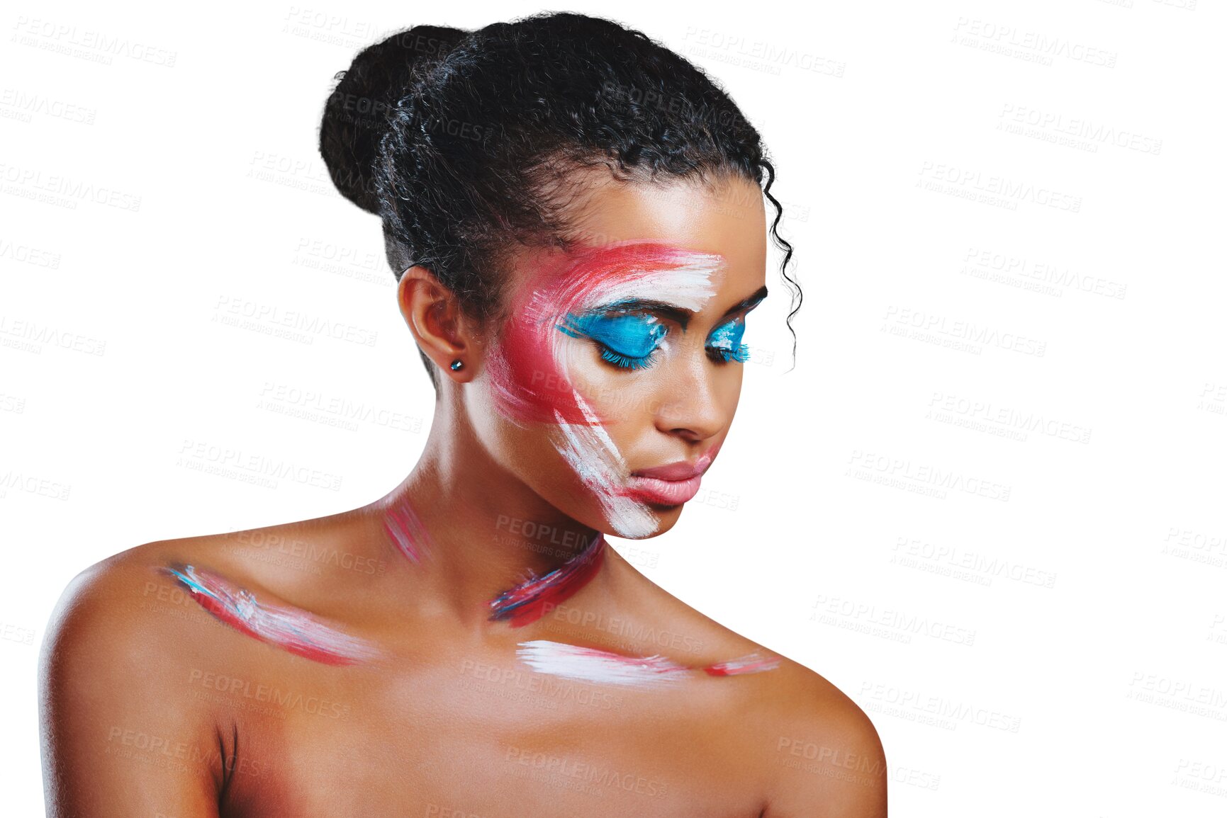 Buy stock photo Woman, face paint or creativity for beauty, freedom and art isolated on a png transparent background. Skincare, person or artistic cosmetics for aesthetic makeup, expression and color splash on body